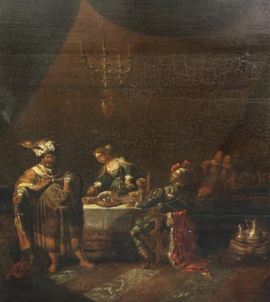 Early 18th Century Flemish School Interior with nobles at a banquet 28.5 x 25.5in.